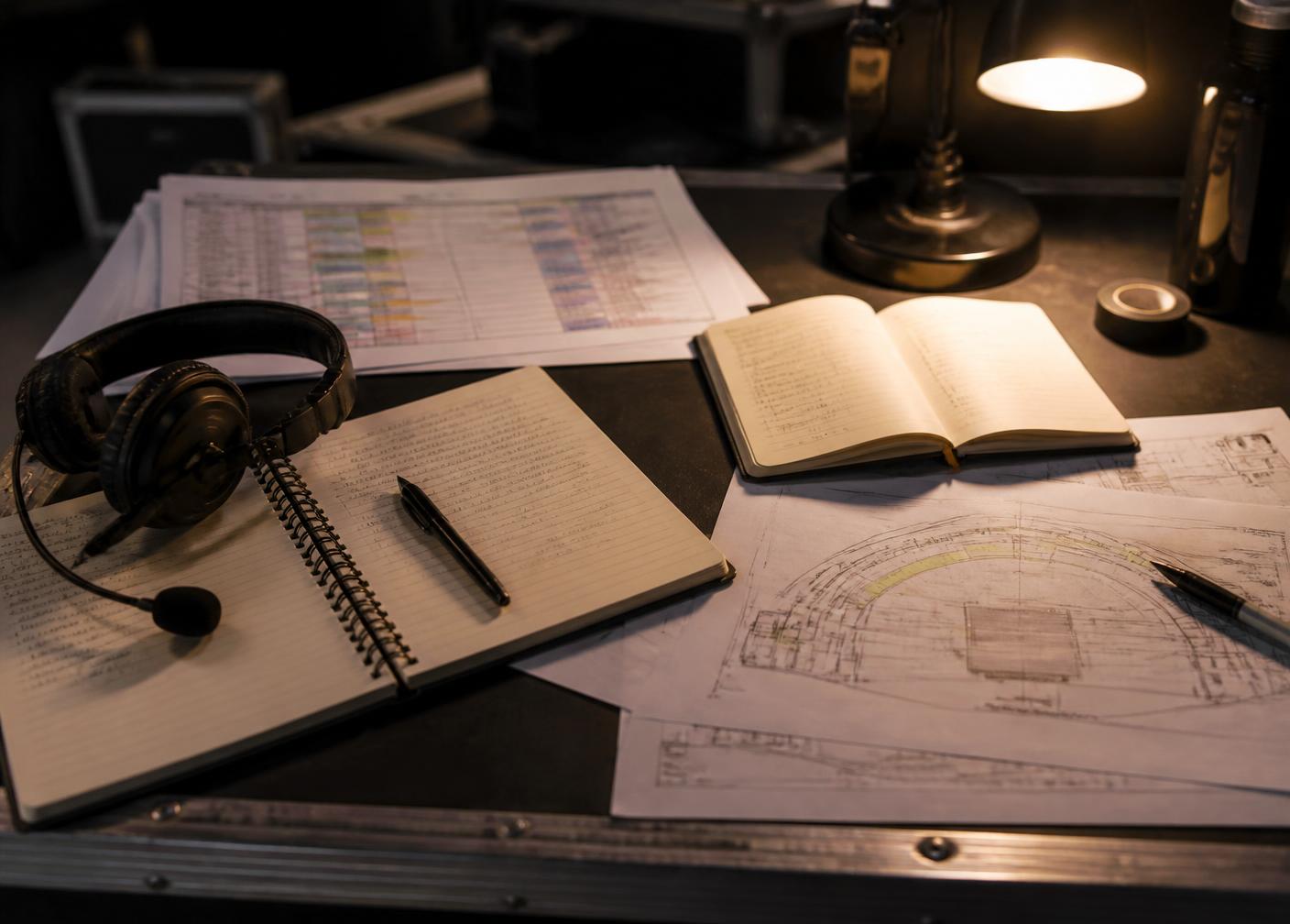 Production paperwork, rehearsal schedules, a headset and stage plans on a desk under a warm lamp