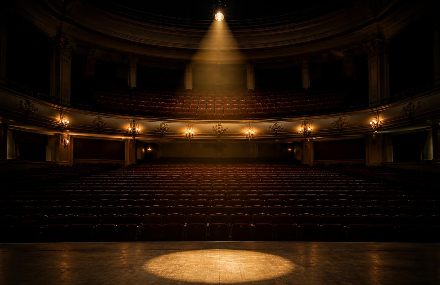 An empty theatre auditorium viewed from the stage, with a single spotlight falling on the boards